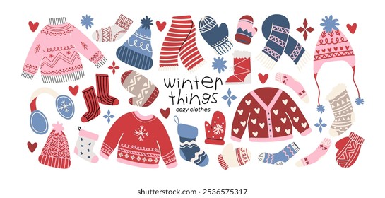 Stickers of warm winter clothes: sweaters, scarves, hats, socks, mittens. Christmas new year stickers in cartoon style. Cozy holiday seasonal vector illustrations in retro Scandinavian groovy style