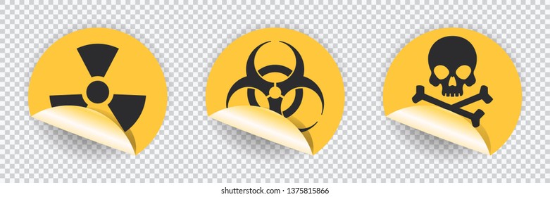 Stickers warning signs. Radiation sign, Biohazard sign, Toxic sign. Vector illustration on transparent backdrop