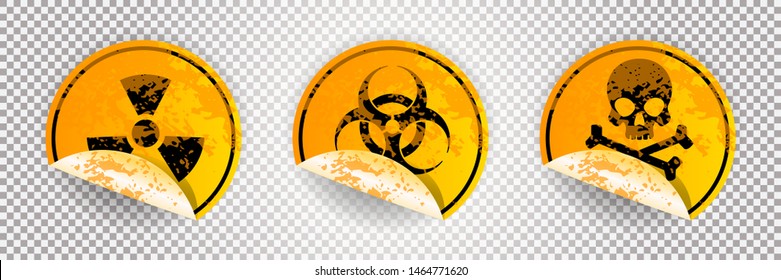 Stickers warning signs. Radiation sign, Biohazard sign, Toxic sign. Vector illustration on transparent backdrop