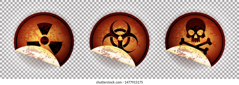 Stickers warning signs. Radiation sign, Biohazard sign, Toxic sign. Vector illustration on transparent backdrop