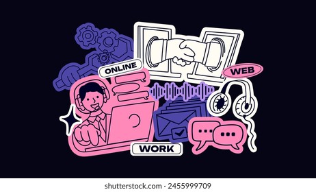 Stickers web online works and computers. Page interface, technology, error 404, operating system, equipment setup, websites, cybersecurity, . Vector cartoon mascots in retro style.