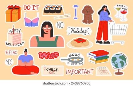 Stickers for weekly or daily planners vector flat illustration. Quotes, words, characters, images and phrases.