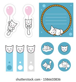 Stickers with white cartoon kittens, some of them are flying on pink balloons, others are riding white clouds. Three bookmarks with cat's heads, and a square sticker for text on blue background.