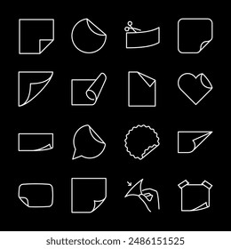 Stickers, white line icons. Paper stickers with folded corners, labels. Ideal for marketing and stationery themes. Symbols on black background. Editable stroke.