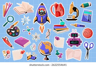 Stickers in a white outline, school education. Clerical elements and symbols of knowledge. Globe, rocket, pens, pencils, backpack, books, robot, calculator and more.