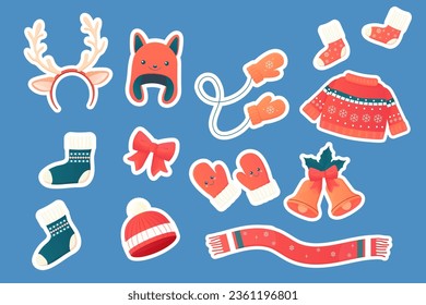 stickers with winter accessories, clothes, hats, scarf, jumper, socks, bells