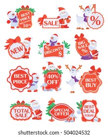 Stickers for winter holidays discounts. Flat design. Sale, big sale, special offer, best price, total sale, best price, best deal today, 40 % off with Santa Claus, Christmas deer, snowman vectors