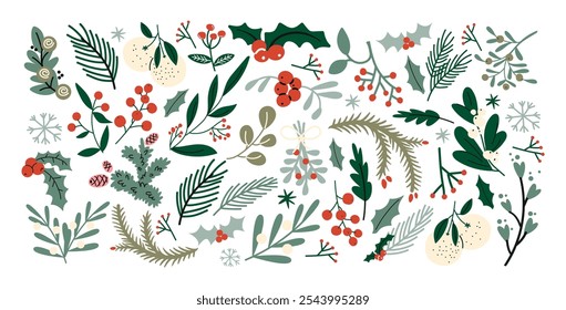 Stickers winter new year leaves, plants, rowan, fir tree, flowers. Set of vector stickers of leaves in cartoon retro style