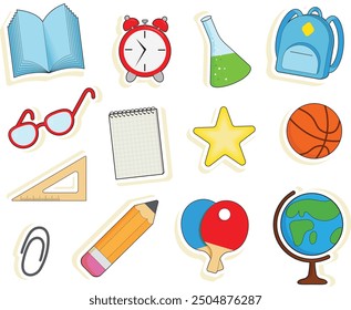 Stickers without background. Basketball, glasses, ruler, pencil, paper clip, globe, ping pong, star, notebook, flask.