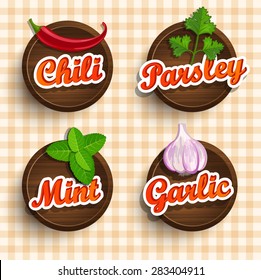  Stickers with wooden texture and names of spices, a vector illustration.