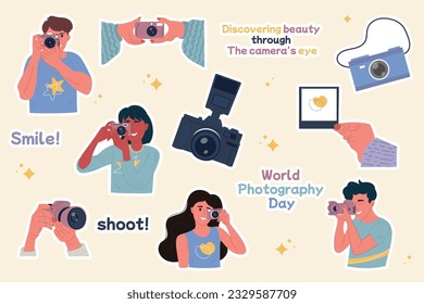 Stickers for world photographer's day with lettering. Woman, man taking a photo. Camera 