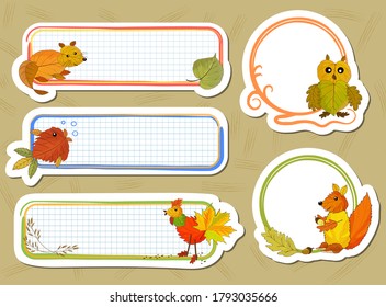 Stickers for writing or magnets with applique forest animals made of autumn leaves. Vector illustration