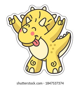 Stickers yellow Triceratops dinosaur, funny emotional character. The dinosaur stands on two legs, smiling and biting its tongue. A stylized, simple image to use as a sticker or design element, logo.