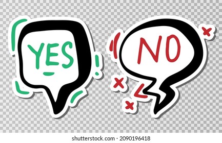 Stickers with Yes and No text. Speech Bubbles Short Phrases. Vector illustration