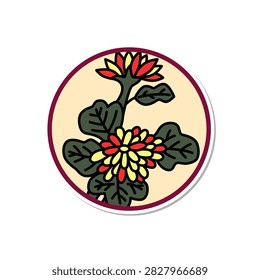 Sticker-style circular Hanafuda icon: Chrysanthemums and Chaff (Kas)