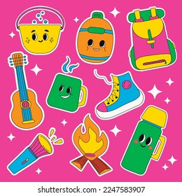 Stickers.Vector set. Colorful fashion ilustration.Vacation.Backpack.Hiking.Colorful travel items.Trekking.EPS10.