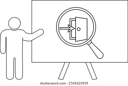 Stickfigure by presentation board featuring a door inside a magnifying glass symbolizing entry analysis
