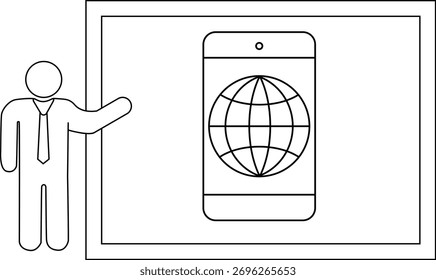 Um homem figurinha apresentando um smartphone impresso globalmente montado em uma placa
