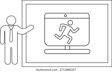 Un hombre de figura de palo en un traje presenta una computadora que muestra una figura de palo corriendo todo enmarcado