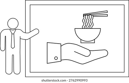 Stickfigure points to a framed drawing of hand holding noodles with chopsticks