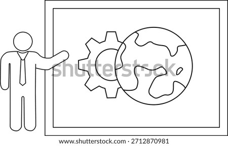 A stickfigure presenter gestures to a board displaying a cog and globe illustration