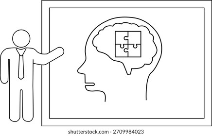 Um apresentador stickfigure aponta para uma cabeça com um cérebro de quebra-cabeça em um poster emoldurado