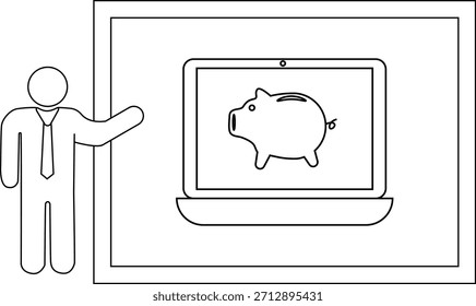 Um apresentador stickfigure aponta para um laptop exibindo um mealheiro, tudo dentro de uma estrutura