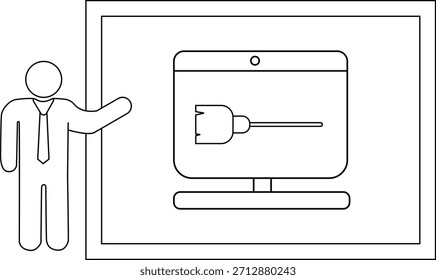 O apresentador de figura de alça fica ao lado de uma tela mostrando um cabo de computador semelhante a uma escova, tudo dentro de um quadro retangular