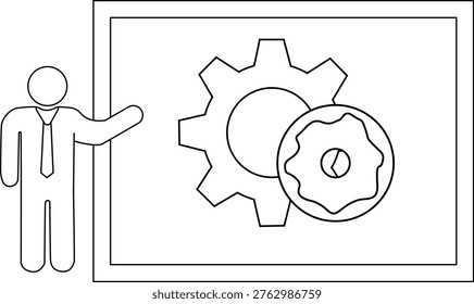 A stickfigure presents a chart of a gear and doughnut within a bordered frame