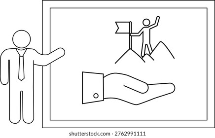 A stickfigure presents a drawing of mountain conquest supported by a hand