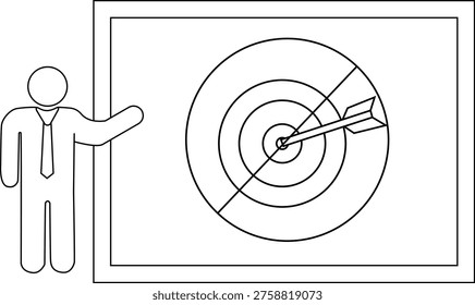 A stickfigure presents a target board with an arrow in the center