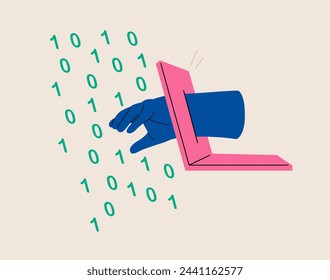 Sticking hand through laptop. Stealing confidential data concept. Colorful vector illustration
