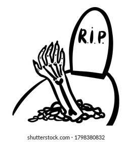 Sticking out hands from the grave. Vector halloween gravestone, cemetery clipart on a black background. Dia de los muertos. day of the ded. Halloween. Hand drawn illustration for cards, posters