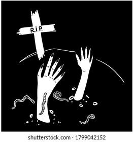 Sticking out hands from the grave. Vector halloween gravestone, cemetery clipart on a black background. Dia de los muertos. day of the ded. Halloween. Hand drawn illustration for cards, posters