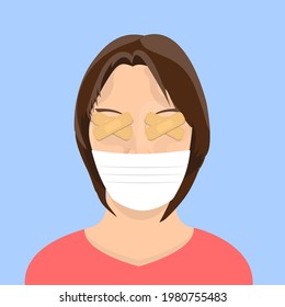 Sticking plaster covering woman eyes and face mask seals her mouth. Brain washed person concept. Flat style vector illustration.