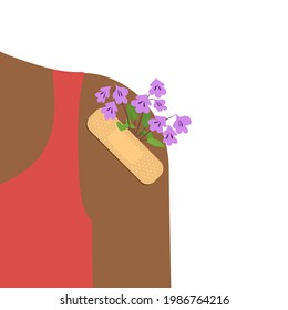 Pflaster mit Blumen auf einer menschlichen Schulter halten. Flache Vektorgrafik.