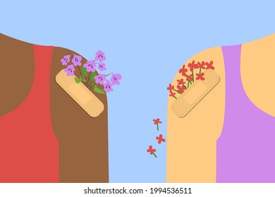 Sticking plaster with flowers on a human shoulder. Two persons standing near. Flat style vector illustration.