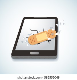 sticking plaster on broken smartphone icon vector 
