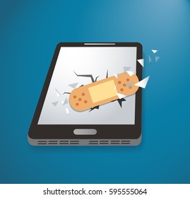 sticking plaster on broken smartphone icon vector 