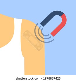 Sticking plaster on a human shoulder and magnet with magnetic field. Flat style vector illustration.