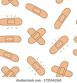 Sticking plaster vector seamless pattern, hand drawn band-aid isolated on white background