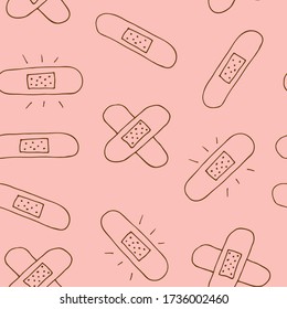 Sticking plaster vector seamless pattern, hand drawn isolated on pink background
