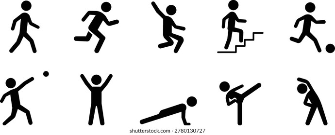 Stickman activity and exercise icon set, Human action poses with sports and fitness movements, Dynamic lifestyle silhouette collection