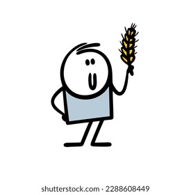 Stickman agronomist proudly holds an ear of wheat harvest in his hand. Vector illustration of a person and a plant.