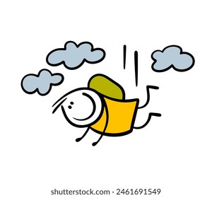 Stickman,  athlete in free fall in the sky among the clouds. Vector illustration of a parachutist. Brave man jumped out of an airplane and hovered in the air. Isolated on white background.