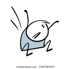 Stickman athlete grouped and jumps down from a height. Vector illustration of hand drawn doodle boy in physical education lesson in school. Funny upset character. Isolated cartoon on white background.