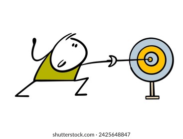 Stickman athlete participates in fencing competitions. The man lunged, pierced the target with a sharp sword. Success and goal achievement is concept. Isolated doodle person on white background.