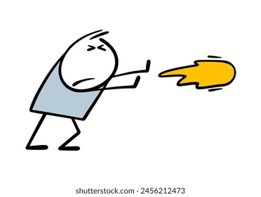 Stickman attacks, sends a fireball at the enemy. Vector illustration of wizards and a magical battle.  Cartoon psychological attack on the interlocutor. Isolated character on white background.