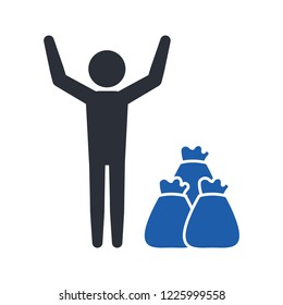 Stickman with a bag of money, big money winnings glyph icon