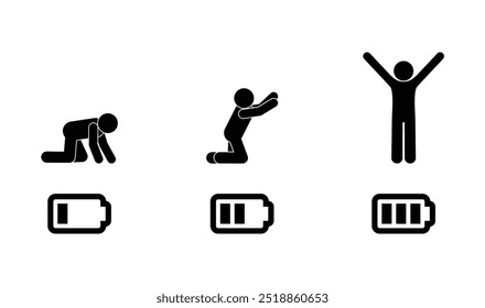 stickman battery, charge indicator, energy indicator, vigor and weakness illustration, people in different states